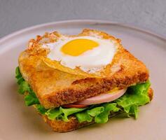 fried egg on sandwich with sausage on plate photo