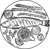 Line drawn fish and vegetables plate vector isolated on white background.