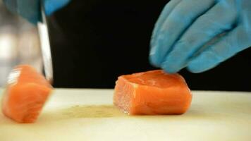 Professional chef hands cutting a salmon fillet video