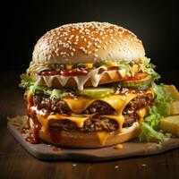 AI generated A photo of chicken burger in plate ready for eating with more junk food Generative AI