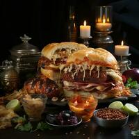 AI generated A photo of chicken burger in plate ready for eating with more junk food Generative AI