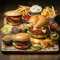 AI generated A photo of chicken burger in plate ready for eating with more junk food Generative AI