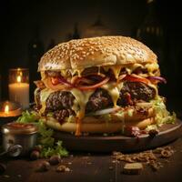 AI generated A photo of chicken burger in plate ready for eating with more junk food Generative AI