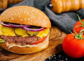 Closeup of burger made from vegetables and beef photo