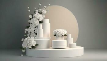 a white flower and cosmetic products on a pedestal AI Generative photo