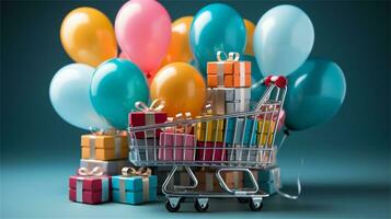 a shopping cart with many gift boxes and balloons AI Generated photo