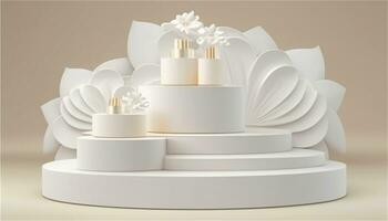 a white flower and cosmetic products on a pedestal AI Generative photo