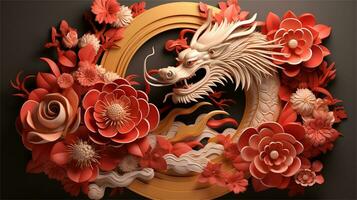 a golden dragon surrounded by flowers AI Generative photo
