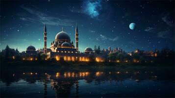 the moon is reflected in the water and the moon is shining over a mosque  AI Generative photo