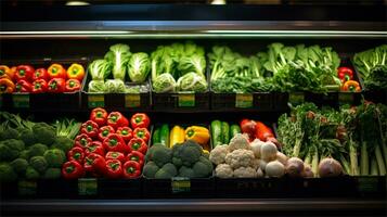 Fresh vegetables on the counter of a supermarket. Healthy food concept AI Generative photo