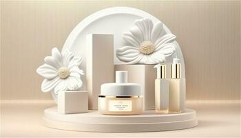 a white flower and cosmetic products on a pedestal AI Generative photo