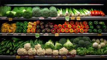 Fresh vegetables on the counter of a supermarket. Healthy food concept AI Generative photo