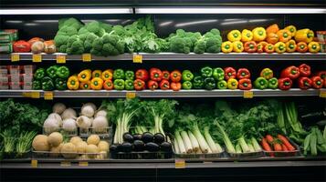 Fresh vegetables on the counter of a supermarket. Healthy food concept AI Generative photo