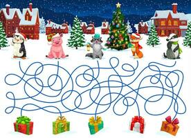 Christmas labyrinth maze help to animals find gift vector