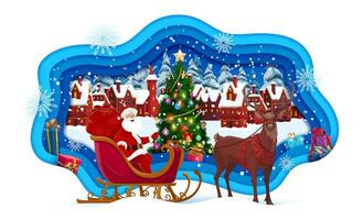 Christmas paper cut greeting Santa in winter town vector