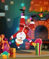 dibujos animados Papa Noel colgando al revés abajo, Navidad interior vector