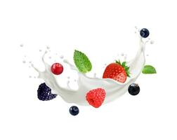 Milk yogurt or cream wave flow splash with berries vector