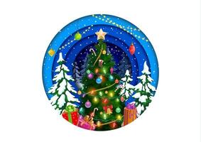 Christmas round paper cut with holiday pine tree vector