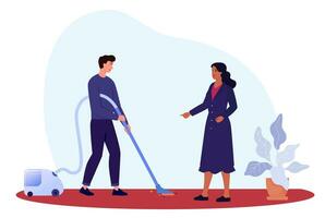 Man cleaning the floor with vacuum cleaner.  Woman showing what to do. Making orders. Cleaning the apartment.  Service. Married life. Marriage. Flat vector illustration.