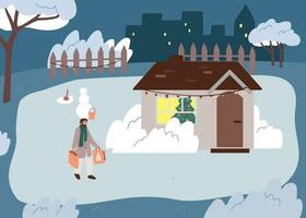 Man hurrying home with shopping bags on the Christmas eve. House in winter. Cozy home. New Year. vector