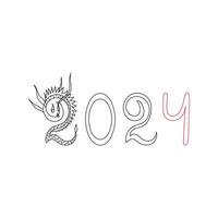 2024 year concept. Numbers with a silhouette of a dragon. Handwritten. Sketch. Happy Chinese Dragon Year. Vector illustration in minimalist style.