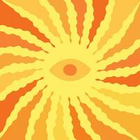 Background of colored sun with an eye in center. Retro groovy sunburst design. vector