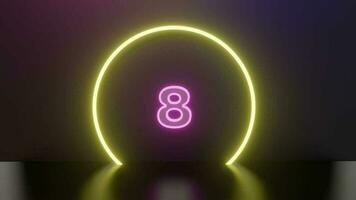 3d video animation of countdown from ten to one with rotating movement of purple glowing numbers and yellow light circle frame