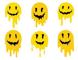 Melting or dripping smiles in flat stile. Set of psychedelic  Melted smile faces in trippy acid rave style isolated on white background. Set of hand drawn icons.