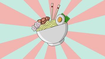 animación de un típico japonés comida ramen fideos icono con un giratorio antecedentes video