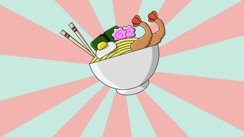 Animation of a typical Japanese food udon noodle icon with a rotating background video