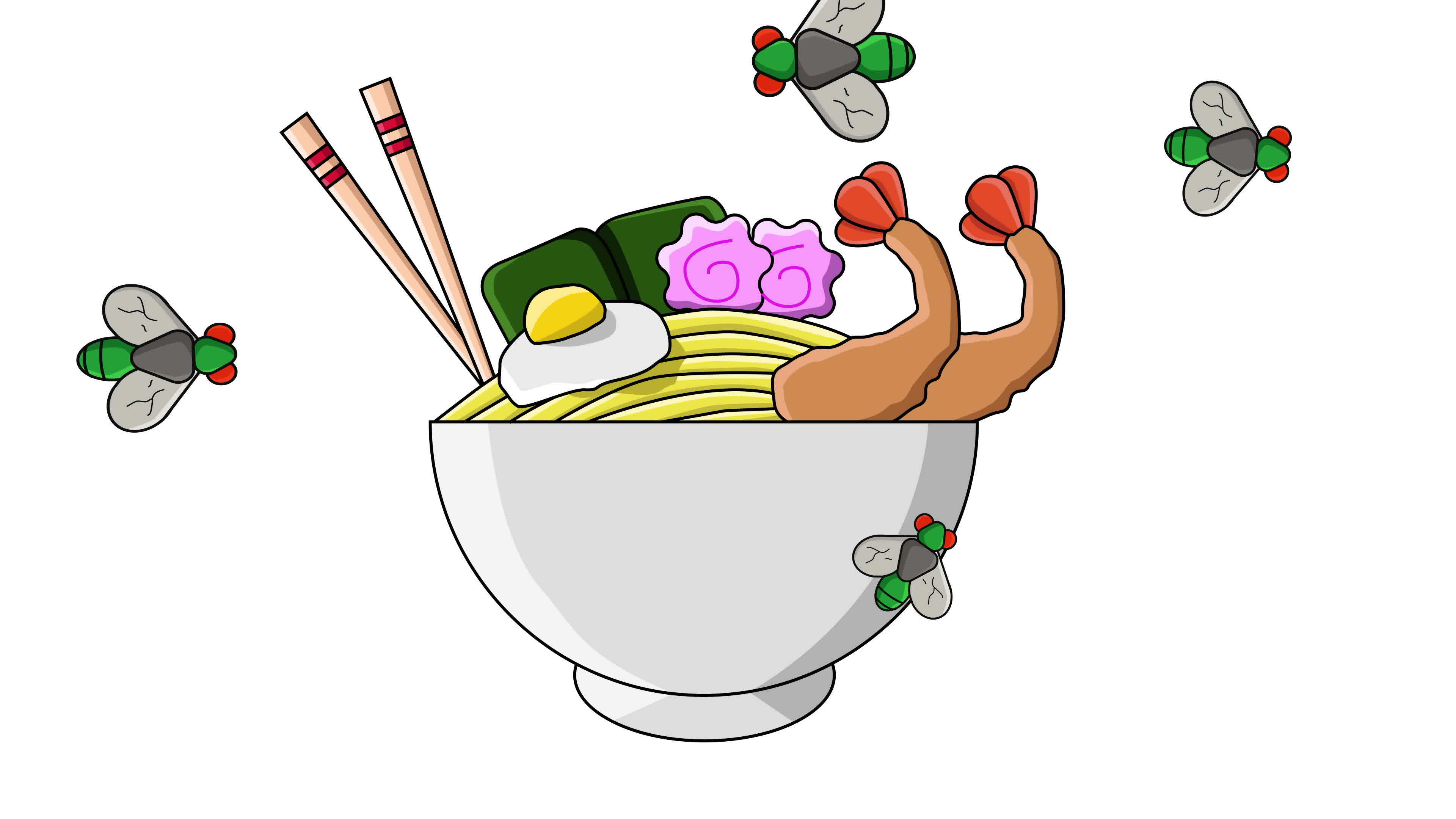 Animation of udon noodles being attacked by flies 34751654 Stock Video