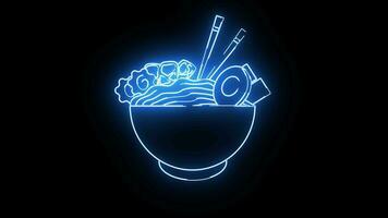 animatie van een typisch Japans voedsel ramen noodle icoon met een gloeiend neon effect video