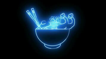 animatie van een typisch Japans voedsel udon noodle icoon met een gloeiend neon effect video