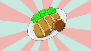 Animation von ein typisch japanisch Essen Katsu Hähnchen Symbol mit ein rotierend Hintergrund video