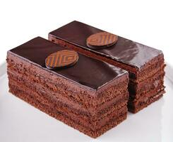 Close up of two pieces of chocolate cake on plate photo