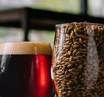 Fresco oscuro cerveza con un vaso de trigo foto