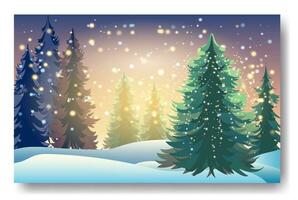 invierno antecedentes paisaje con abeto arboles y pinos en nieve. conífero bosque, noche, cielo, estrellas. Navidad decoración. vector ilustración