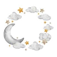 Moons with clouds and stars. Grey crescent moons. Cute baby aircraft. Children's background. Watercolor round frame. Isolated. Design for kid's goods, postcards, baby shower and children's room vector