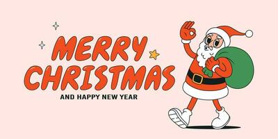 Merry Christmas groovy background with cartoon Santa Claus. Vector illustration in retro style.