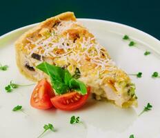 french quiche pie with chicken and mushroom photo