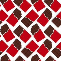 Seamless pattern with red packaging chocolate bars. Whole and bitten chocolate bar. Cartoon style. Vector flat background.
