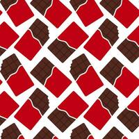 Seamless pattern with red packaging chocolate bars. Whole and bitten chocolate bar. Cartoon style. Vector flat background.