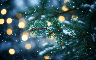 AI generated Christmas holiday background. Christmas evergreen spruce tree with snow sprinkled on the leaves. Snow blurred background. photo