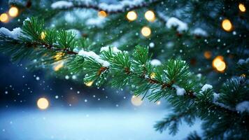 AI generated Christmas holiday background. Christmas evergreen spruce tree with snow sprinkled on the leaves. Snow blurred background. photo