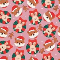 seamless pattern cartoon Christmas flower wreath with bunny, puppy, gingerbread and accessories. Cute Christmas wallpaper for gift wrap paper vector