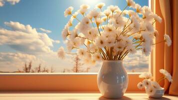 Chamomile plant in vas photo realistic on evening sun AI generated