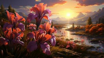 Iris flower sunset or sunrise sky idyllic on golden hours AI Generated photo
