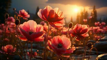 Poppy flower sunset or sunrise sky yellow light on golden hours AI Generated photo