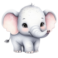 AI generated cute baby elephant watercolor clip art, little baby elephant  cartoon kids design illustration isolated on white background png