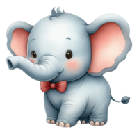 AI generated cute baby elephant watercolor clip art, little baby elephant  cartoon kids design illustration isolated on white background png